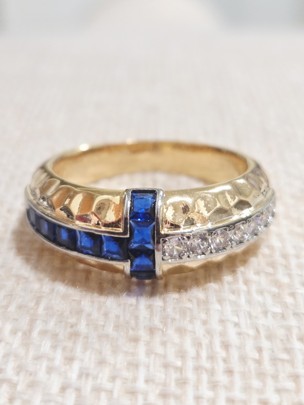 Gold Ring with Blue and Clear Stones - Women Jewelry~ Size 10